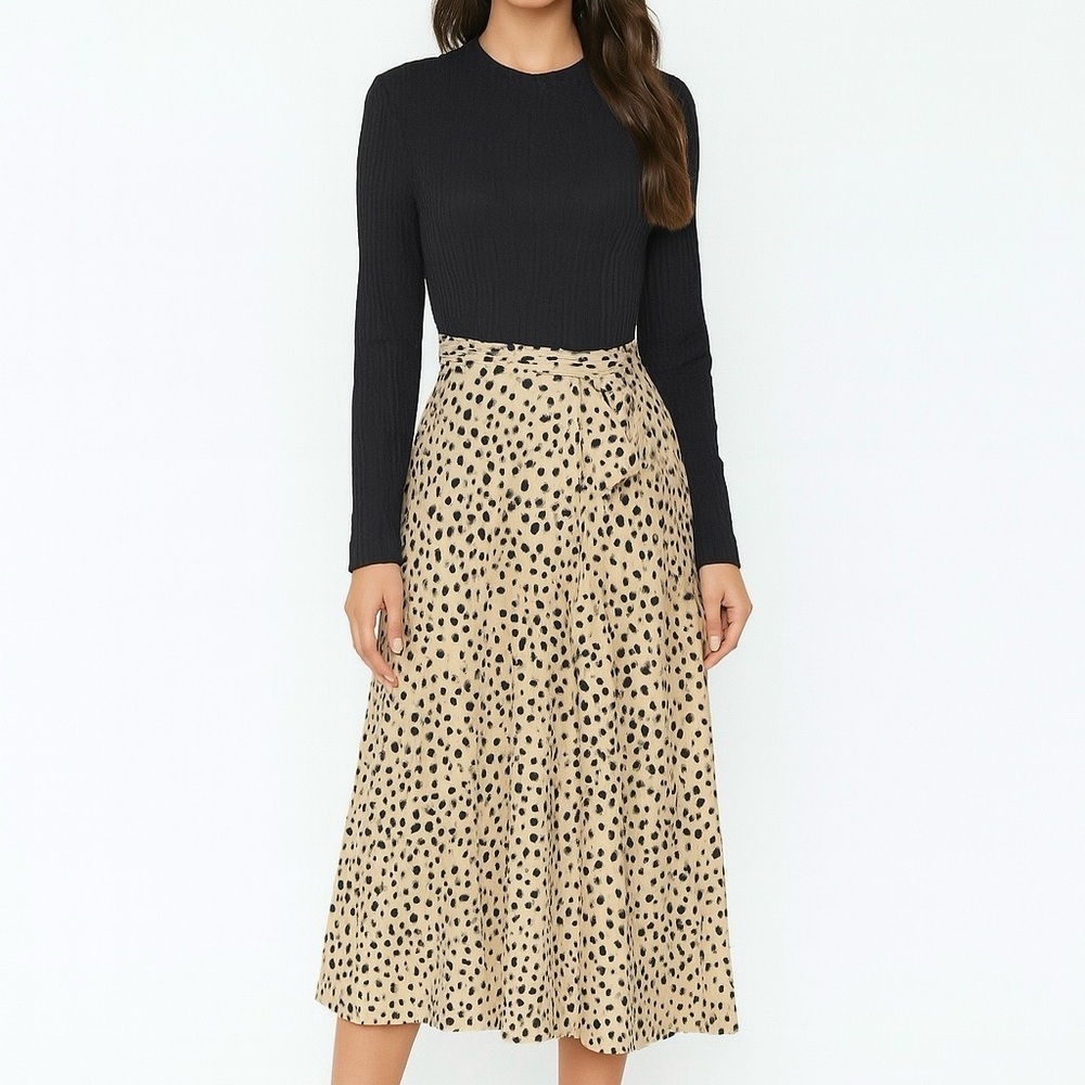 Reb & J. 220 Knit Dress Size ? Medium Black Tan Ribbed Polk A Dot Long Sleeves